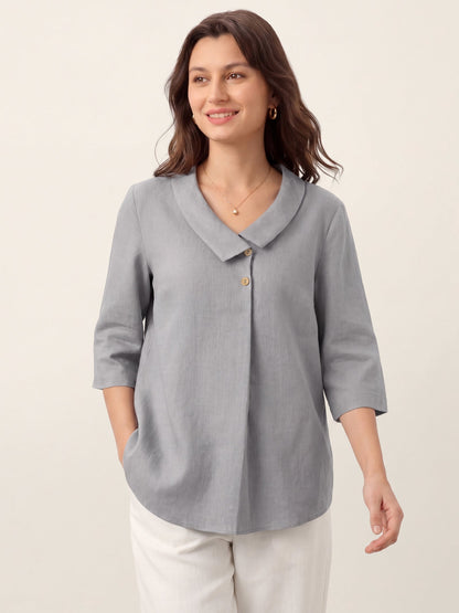 100% Linen Asymmetric Collar Inverted Pleat Top OTTILIE LINTICO