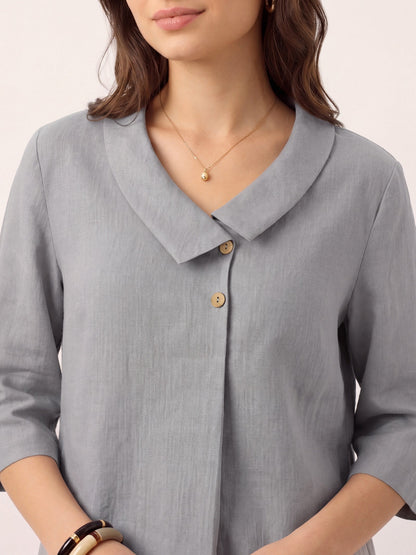 100% Linen Asymmetric Collar Inverted Pleat Top OTTILIE LINTICO