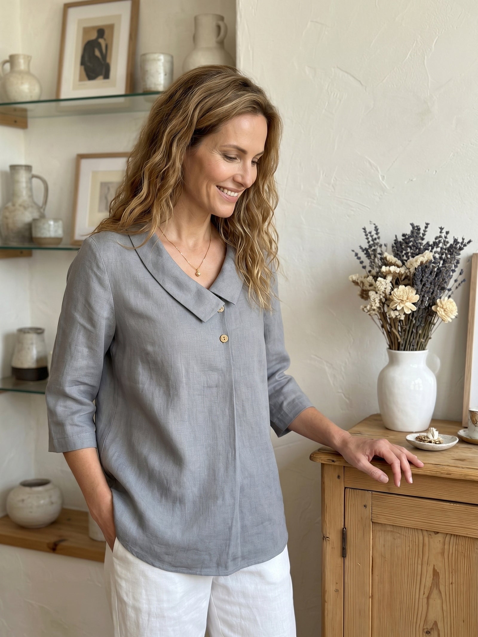 100% Linen Asymmetric Collar Inverted Pleat Top OTTILIE LINTICO