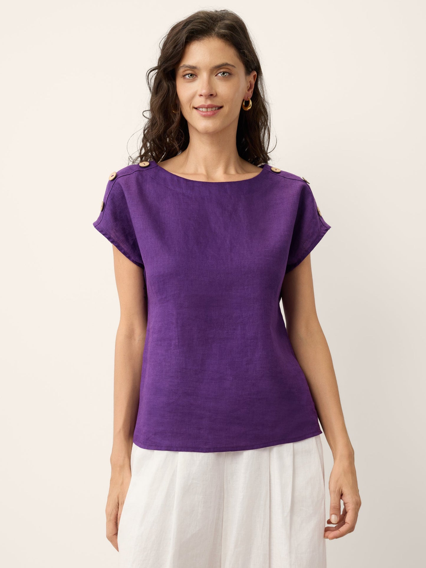100% Linen Round Neck Button Detail Top ISABELLE LINTICO