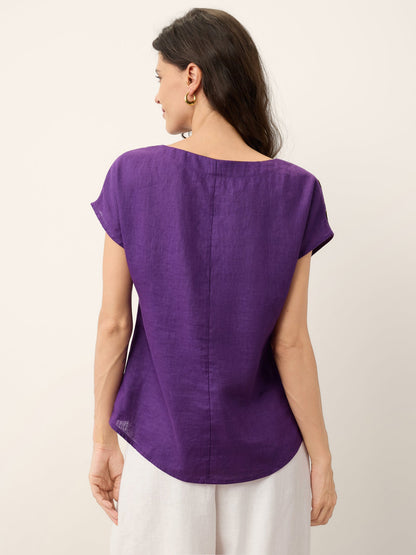 100% Linen Round Neck Button Detail Top ISABELLE LINTICO