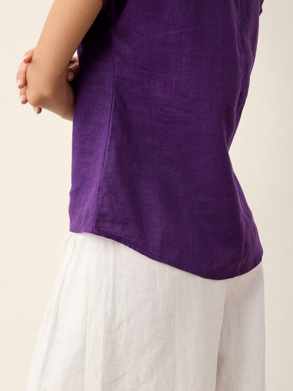 100% Linen Round Neck Button Detail Top ISABELLE LINTICO
