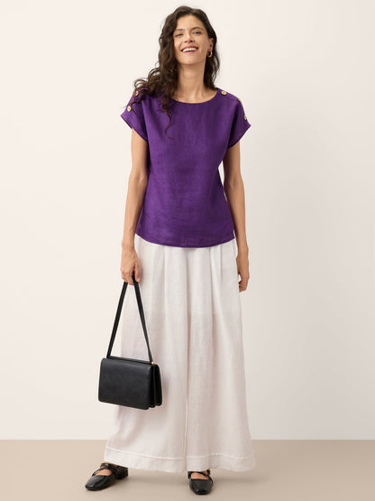 100% Linen Round Neck Button Detail Top ISABELLE LINTICO