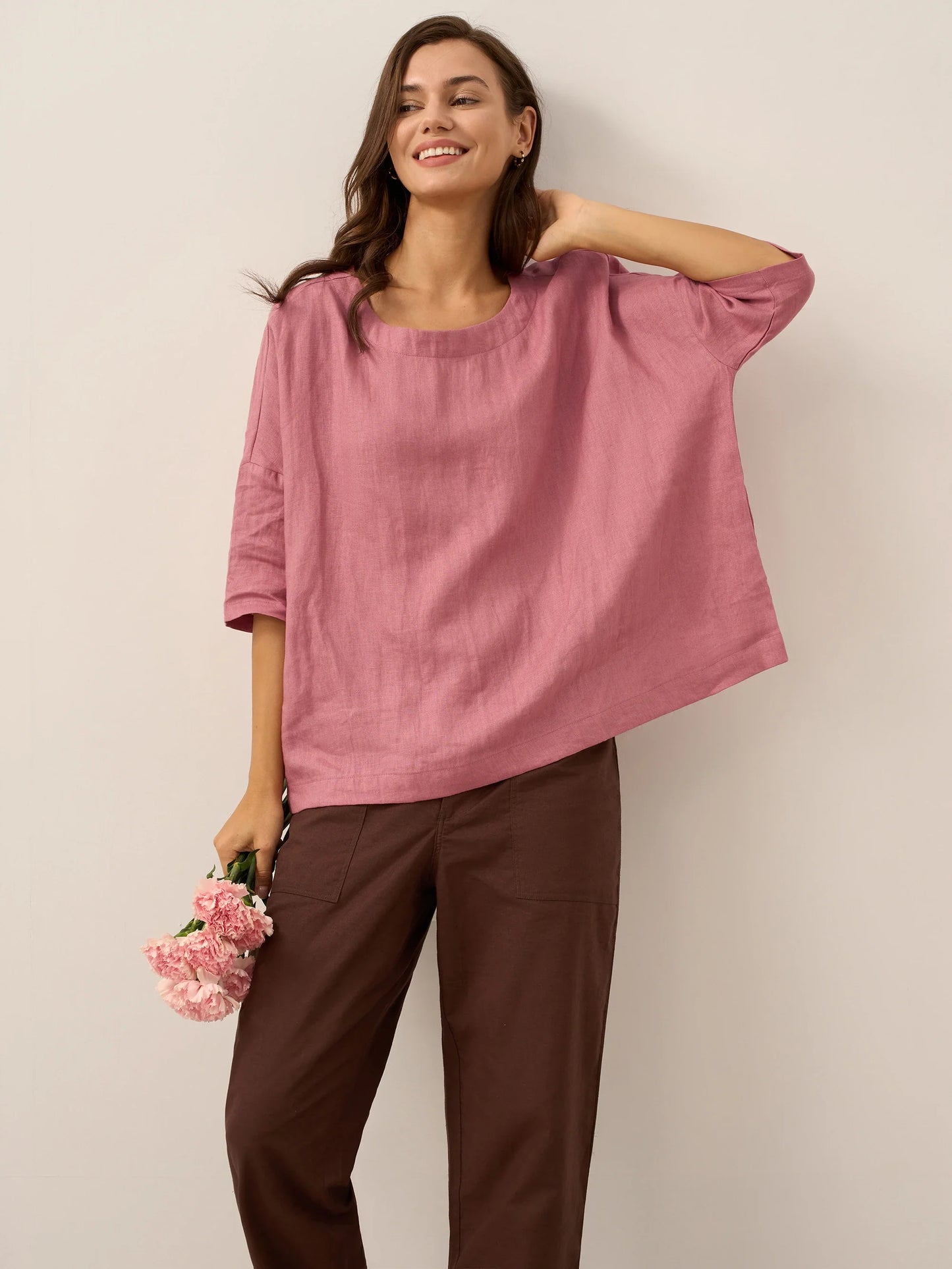 100% Linen Boatneck 3/4 Length Sleeve Top AURORA LINTICO