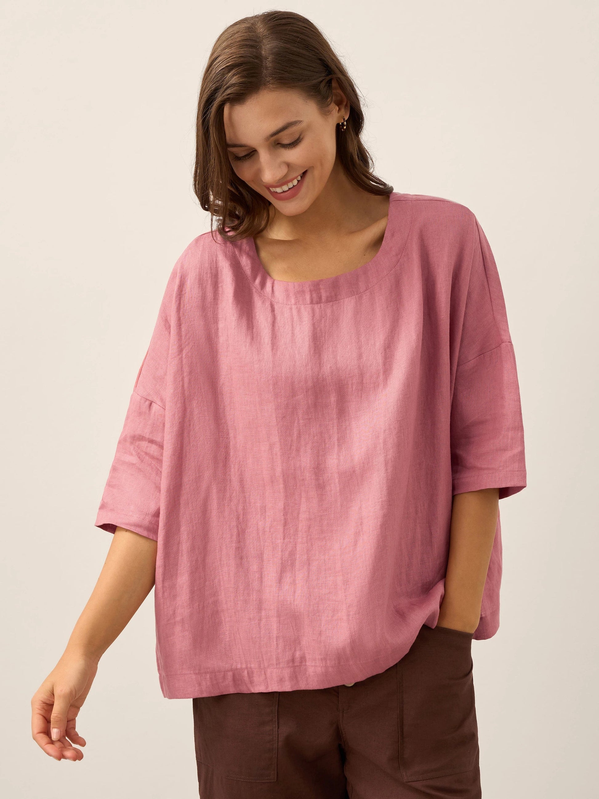 100% Linen Boatneck 3/4 Length Sleeve Top AURORA LINTICO