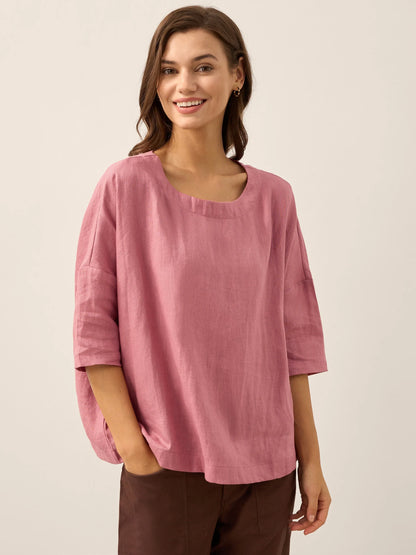 100% Linen Boatneck 3/4 Length Sleeve Top AURORA LINTICO