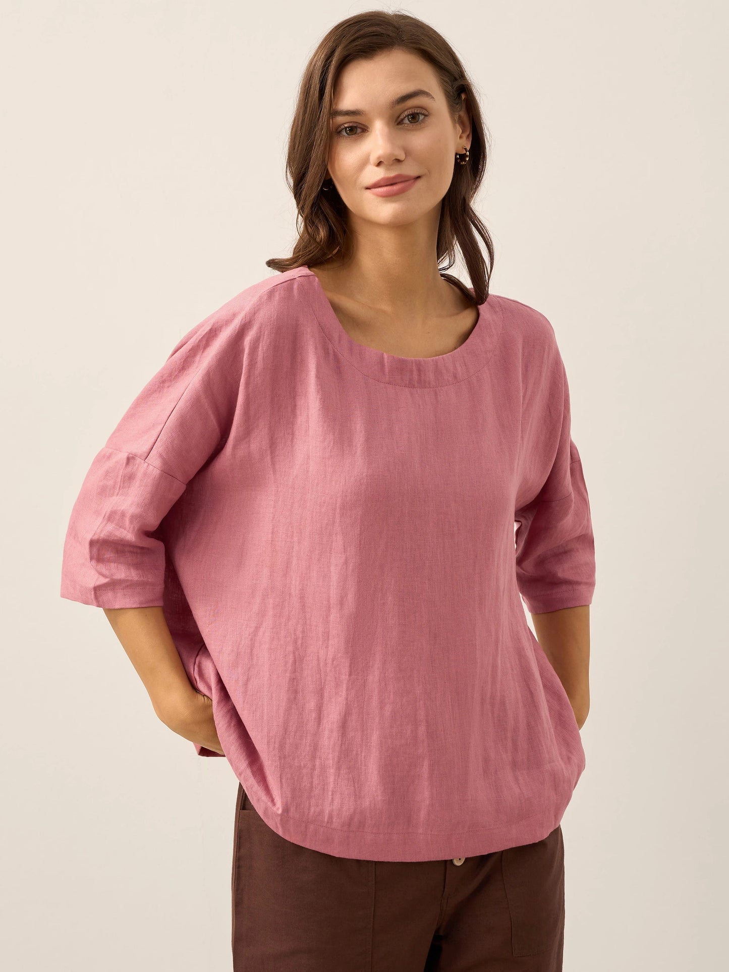 100% Linen Boatneck 3/4 Length Sleeve Top AURORA LINTICO