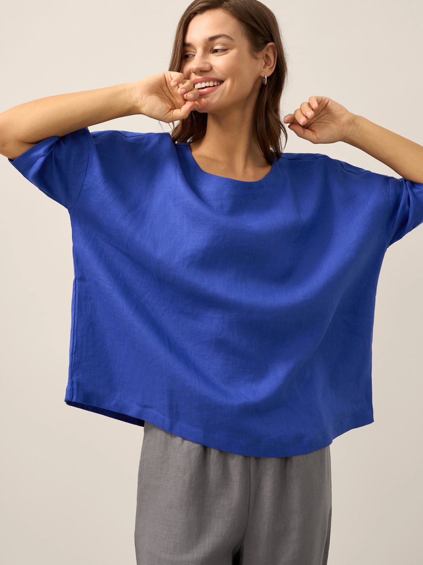 100% Linen Boatneck 3/4 Length Sleeve Top AURORA LINTICO