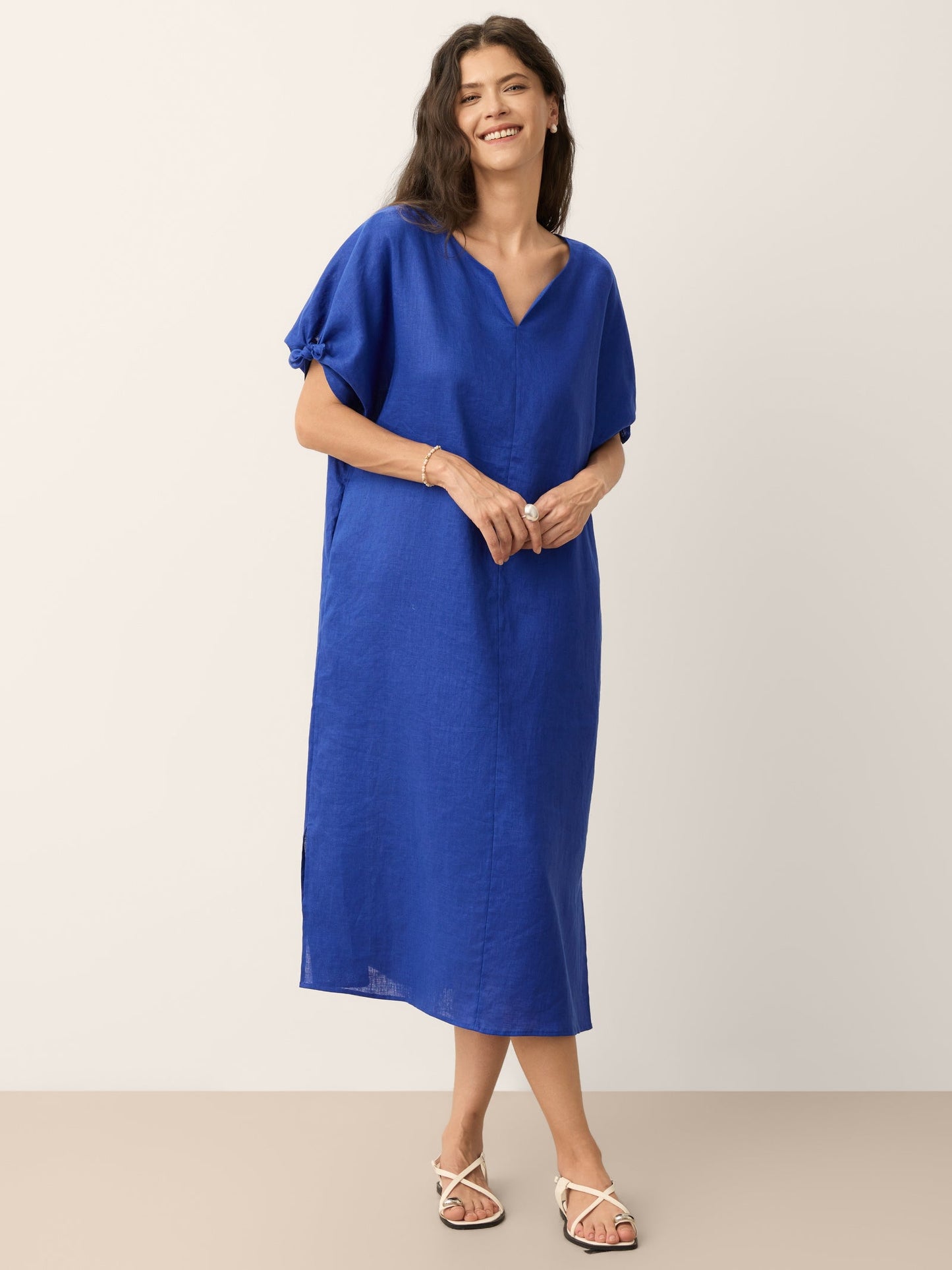 100% Linen Bow-Tie Cuff Split-Hem Midi Dress JESSAMINE LINTICO
