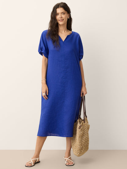 100% Linen Bow-Tie Cuff Split-Hem Midi Dress JESSAMINE LINTICO