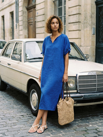 100% Linen Bow-Tie Cuff Split-Hem Midi Dress JESSAMINE LINTICO