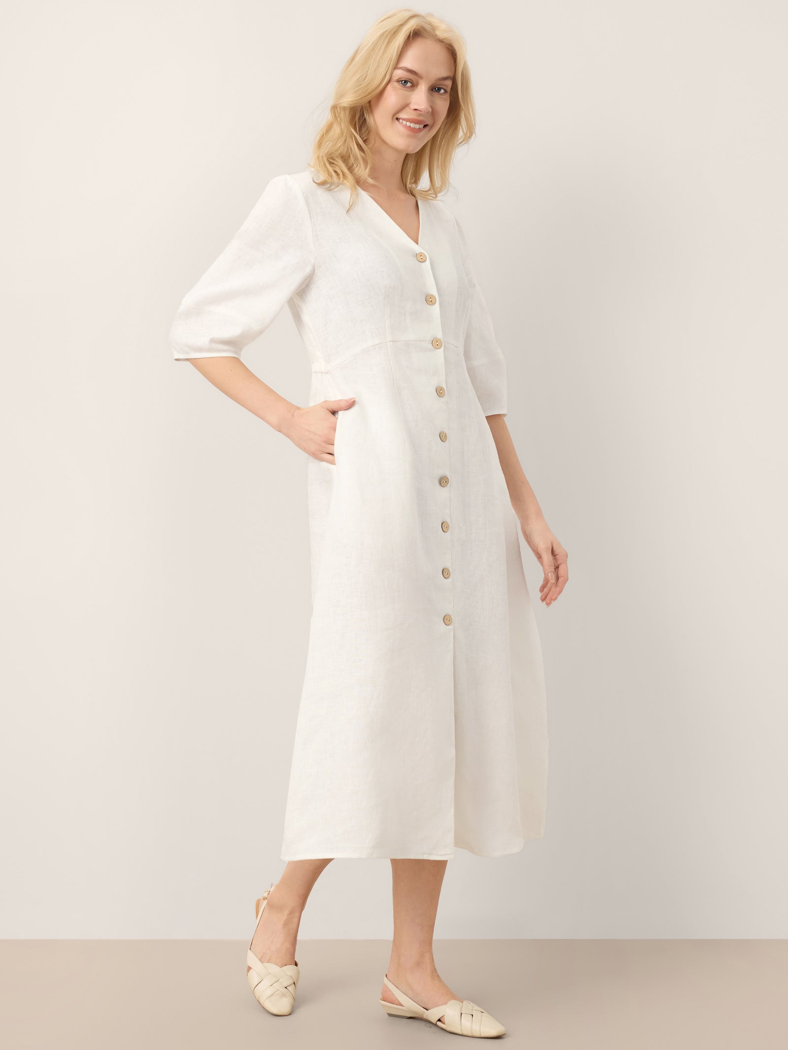 100% Linen Button-Front Lantern Sleeve Elasticated Waist Midi Dress LINNEA LINTICO