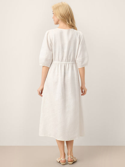 100% Linen Button-Front Lantern Sleeve Elasticated Waist Midi Dress LINNEA LINTICO