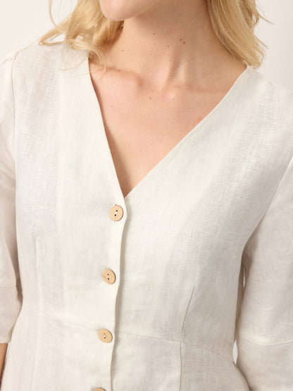 100% Linen Button-Front Lantern Sleeve Elasticated Waist Midi Dress LINNEA LINTICO