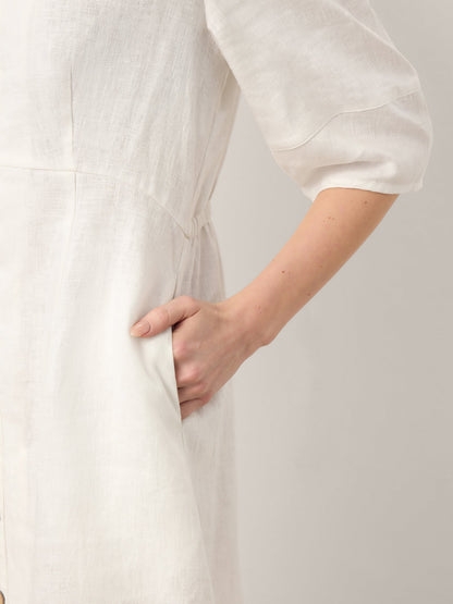 100% Linen Button-Front Lantern Sleeve Elasticated Waist Midi Dress LINNEA LINTICO