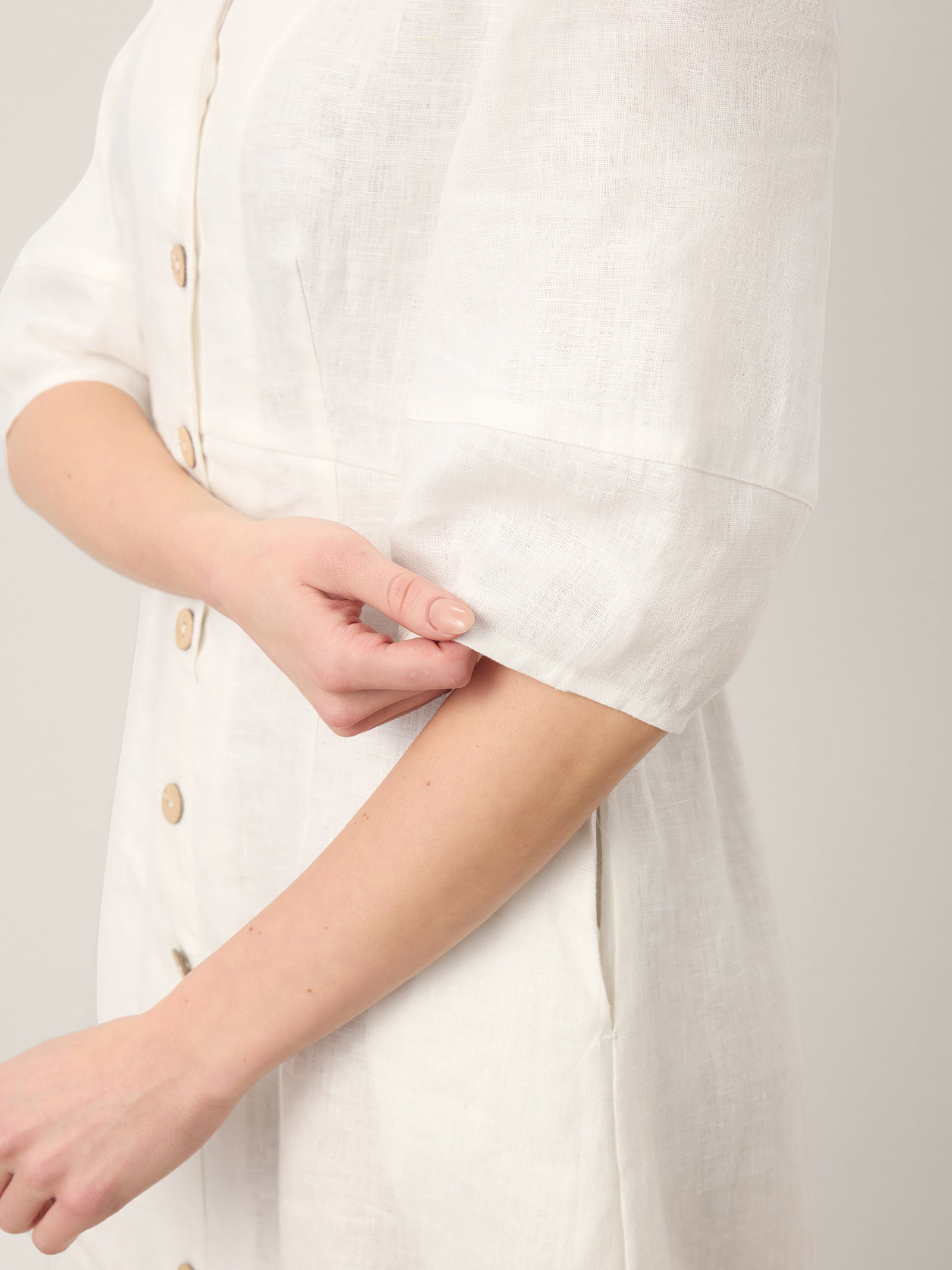 100% Linen Button-Front Lantern Sleeve Elasticated Waist Midi Dress LINNEA LINTICO