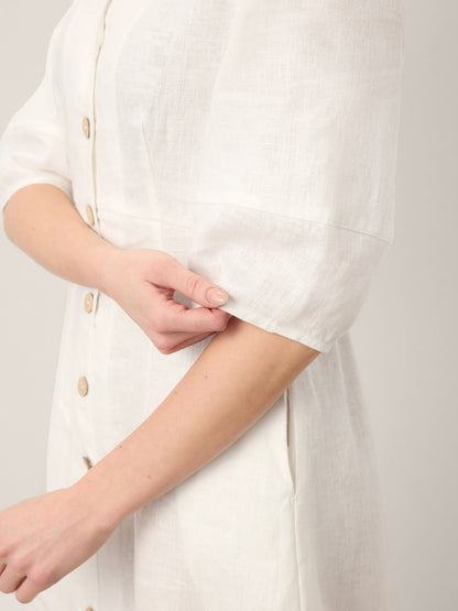 100% Linen Button-Front Lantern Sleeve Elasticated Waist Midi Dress LINNEA LINTICO