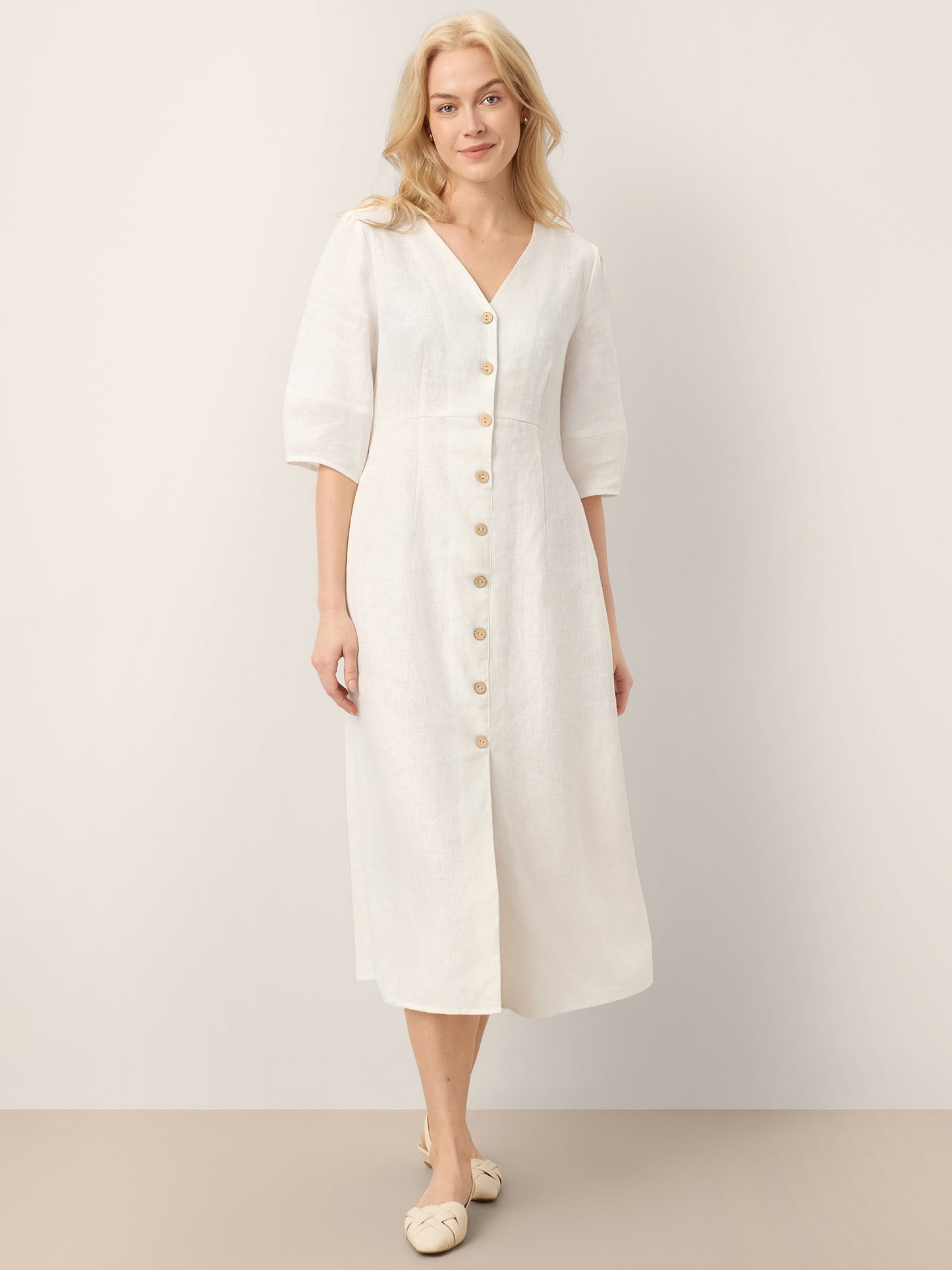 100% Linen Button-Front Lantern Sleeve Elasticated Waist Midi Dress LINNEA LINTICO