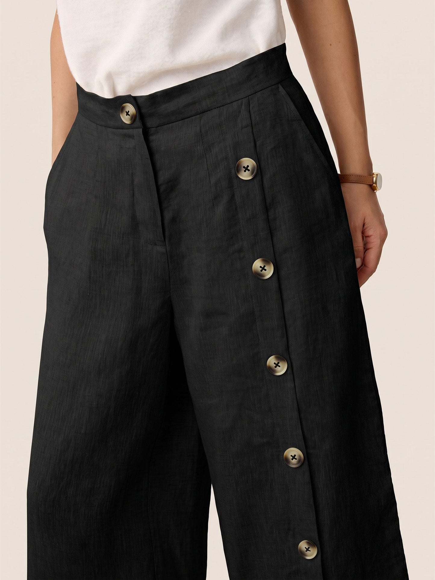 100% Linen Buttoned Slit-Hem Pants KATYA LINTICO