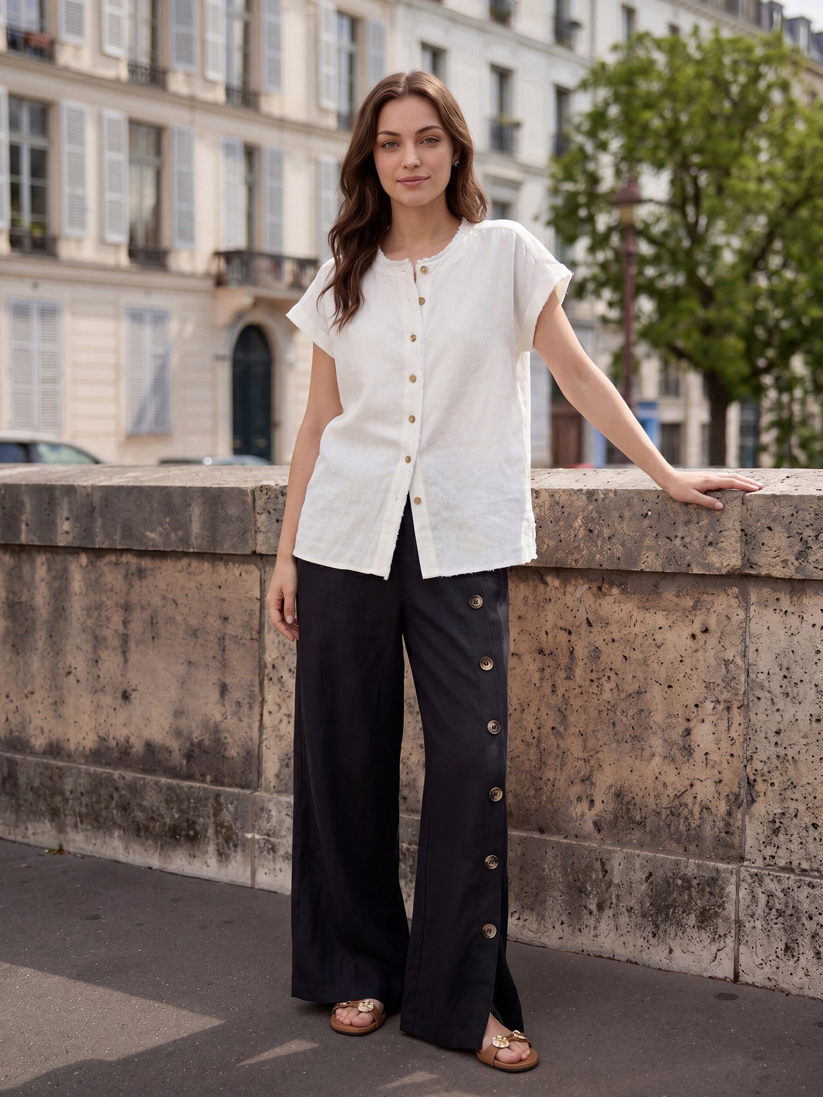 100% Linen Buttoned Slit-Hem Pants KATYA LINTICO