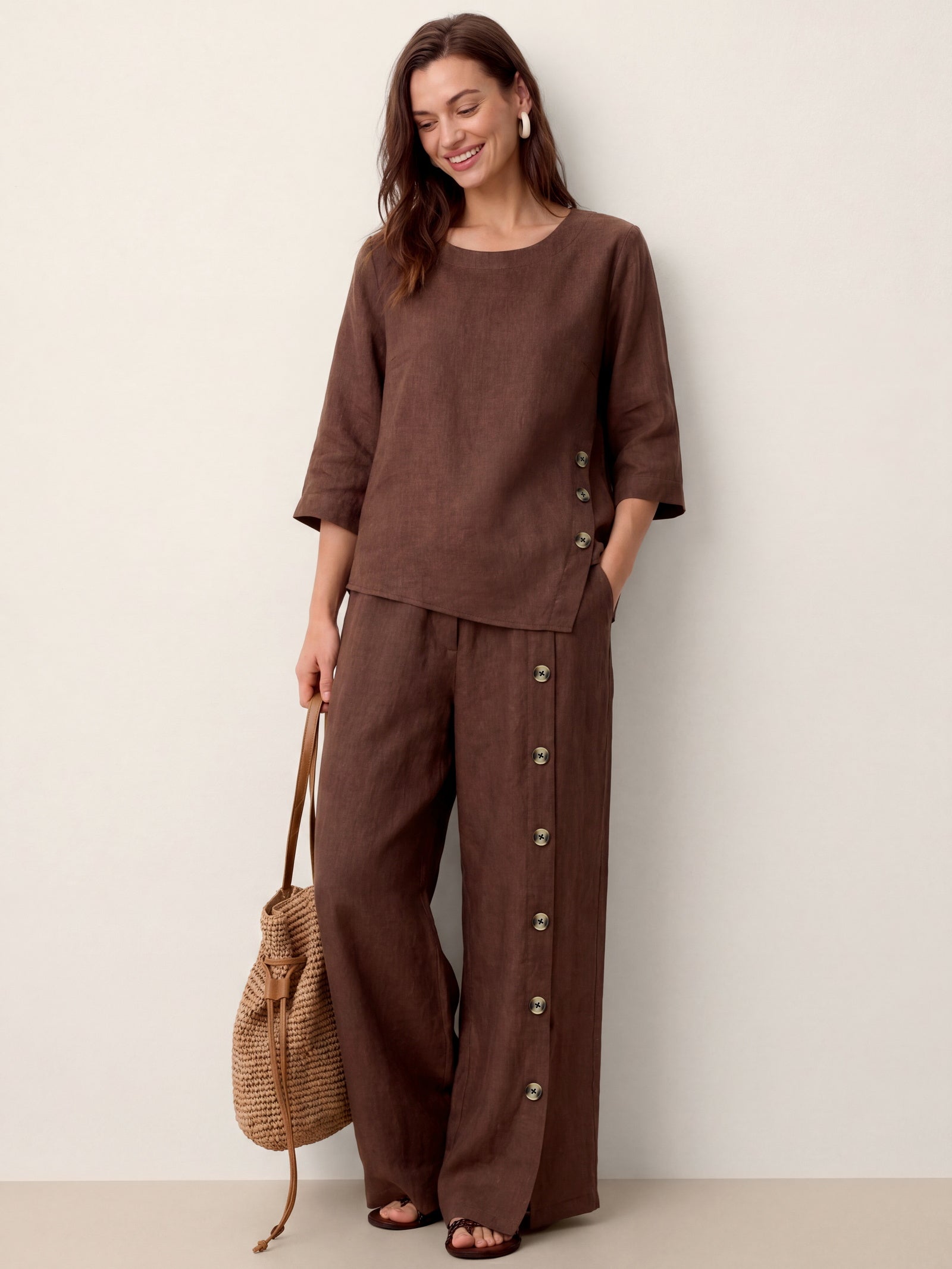 100% Linen Buttoned Slit-Hem Pants KATYA LINTICO