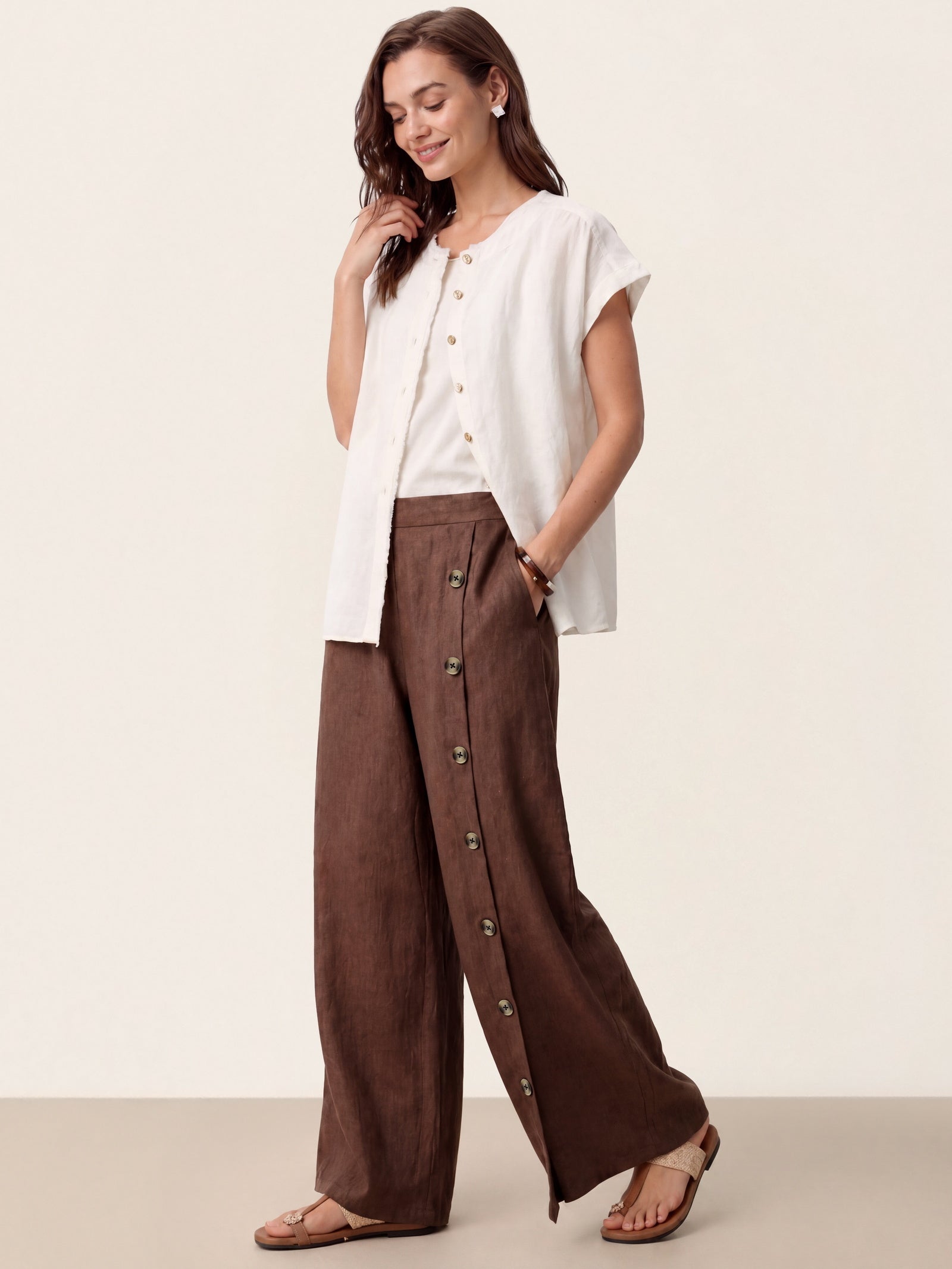 100% Linen Buttoned Slit-Hem Pants KATYA LINTICO