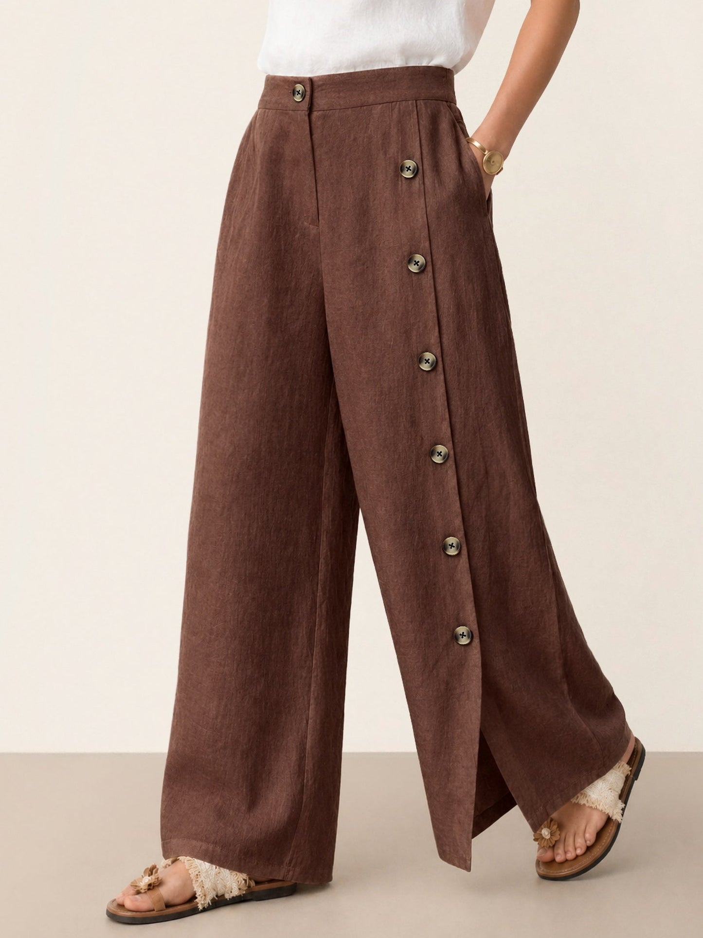 100% Linen Buttoned Slit-Hem Pants KATYA LINTICO