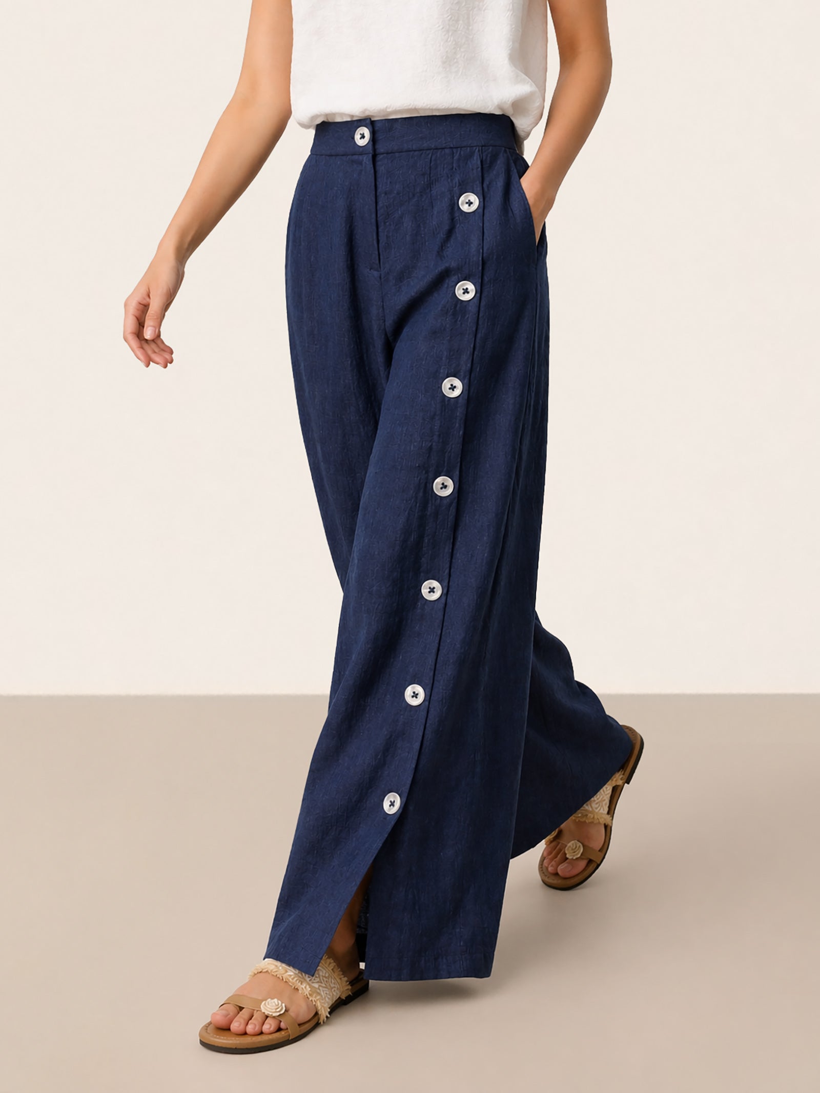 100% Linen Buttoned Slit-Hem Pants KATYA LINTICO