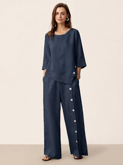 100% Linen Buttoned Slit-Hem Pants KATYA LINTICO
