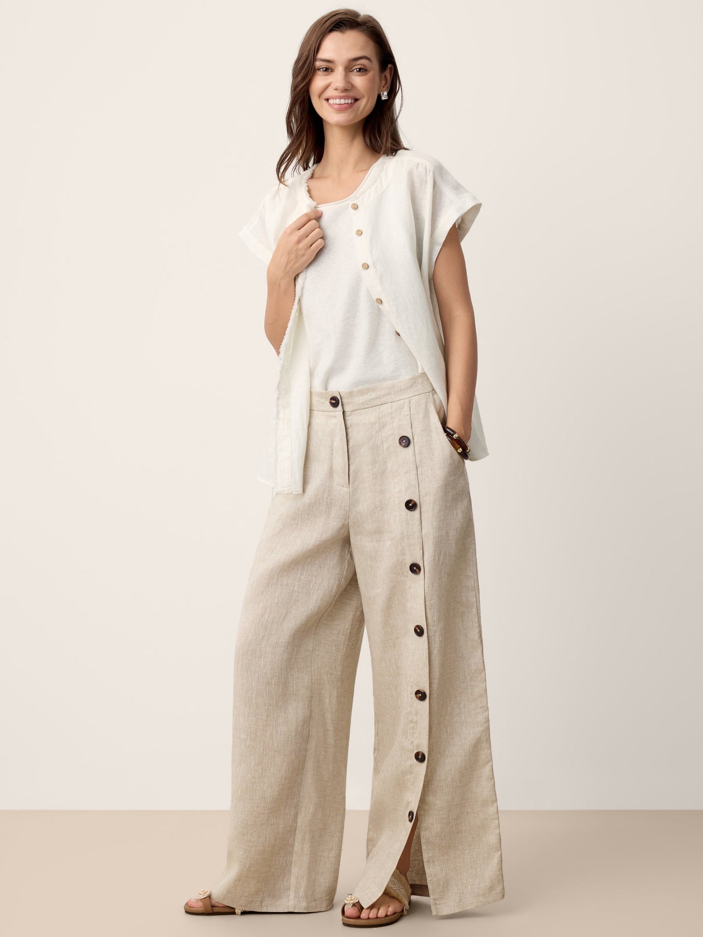 100% Linen Buttoned Slit-Hem Pants KATYA LINTICO