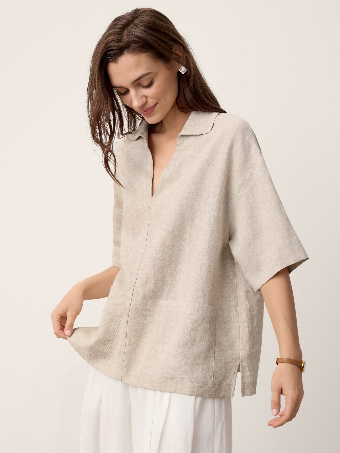 100% Linen Camp-Collar Patch-Pocket Top BRENNA LINTICO