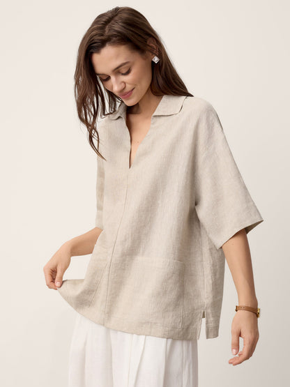 100% Linen Camp-Collar Patch-Pocket Top BRENNA LINTICO