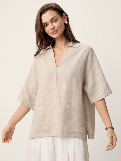 100% Linen Camp-Collar Patch-Pocket Top BRENNA LINTICO