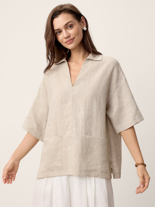 100% Linen Camp-Collar Patch-Pocket Top BRENNA LINTICO