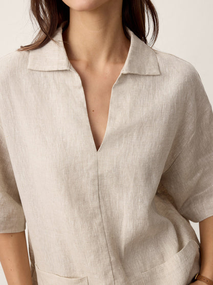 100% Linen Camp-Collar Patch-Pocket Top BRENNA LINTICO