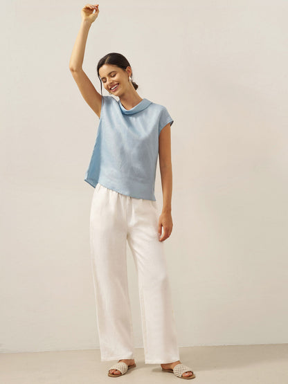 100% Linen Cap Sleeve Soft-Fold Collar Top YVONNE LINTICO