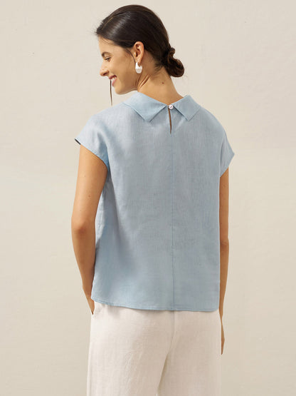 100% Linen Cap Sleeve Soft-Fold Collar Top YVONNE LINTICO