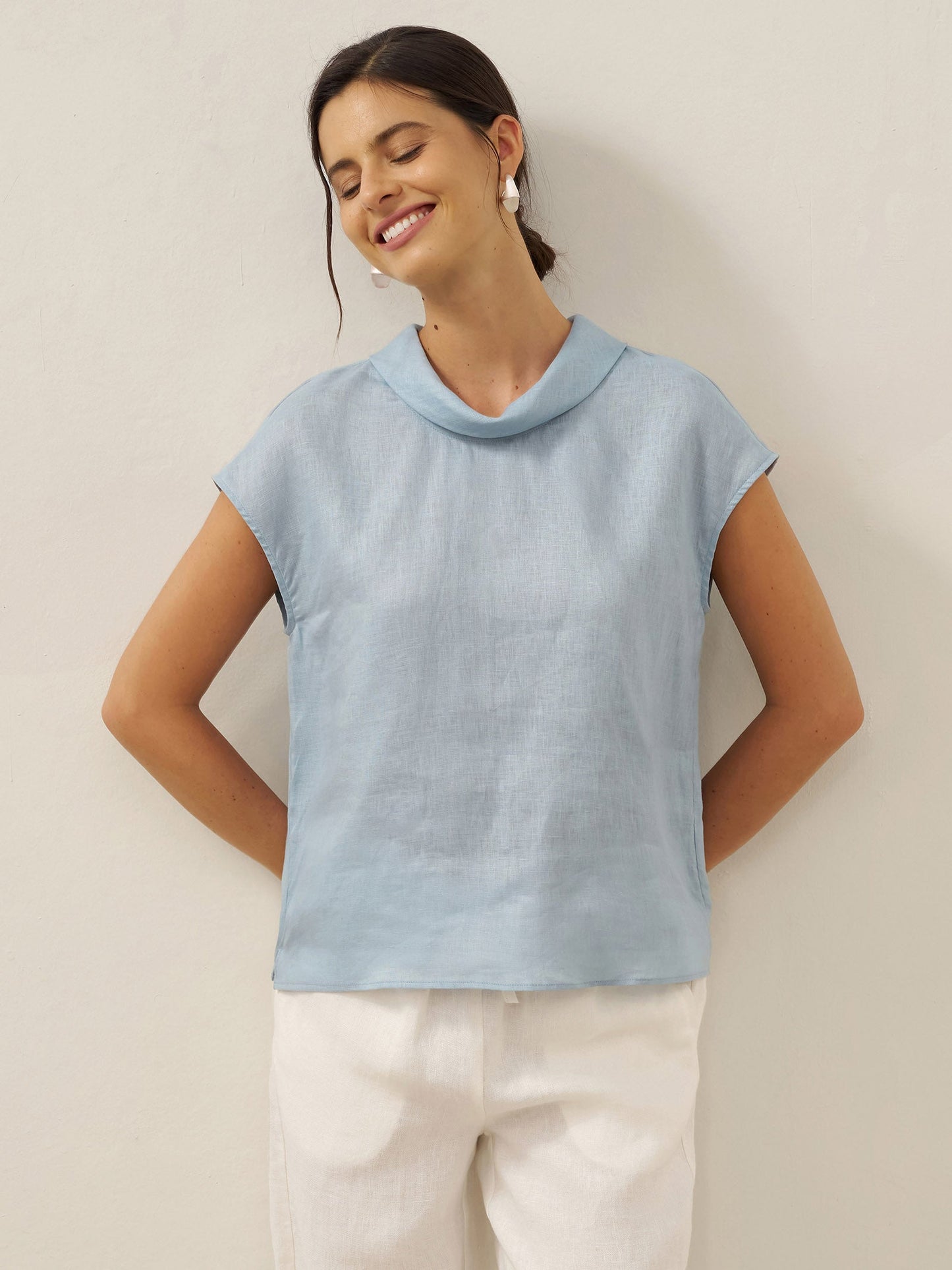 100% Linen Cap Sleeve Soft-Fold Collar Top YVONNE LINTICO