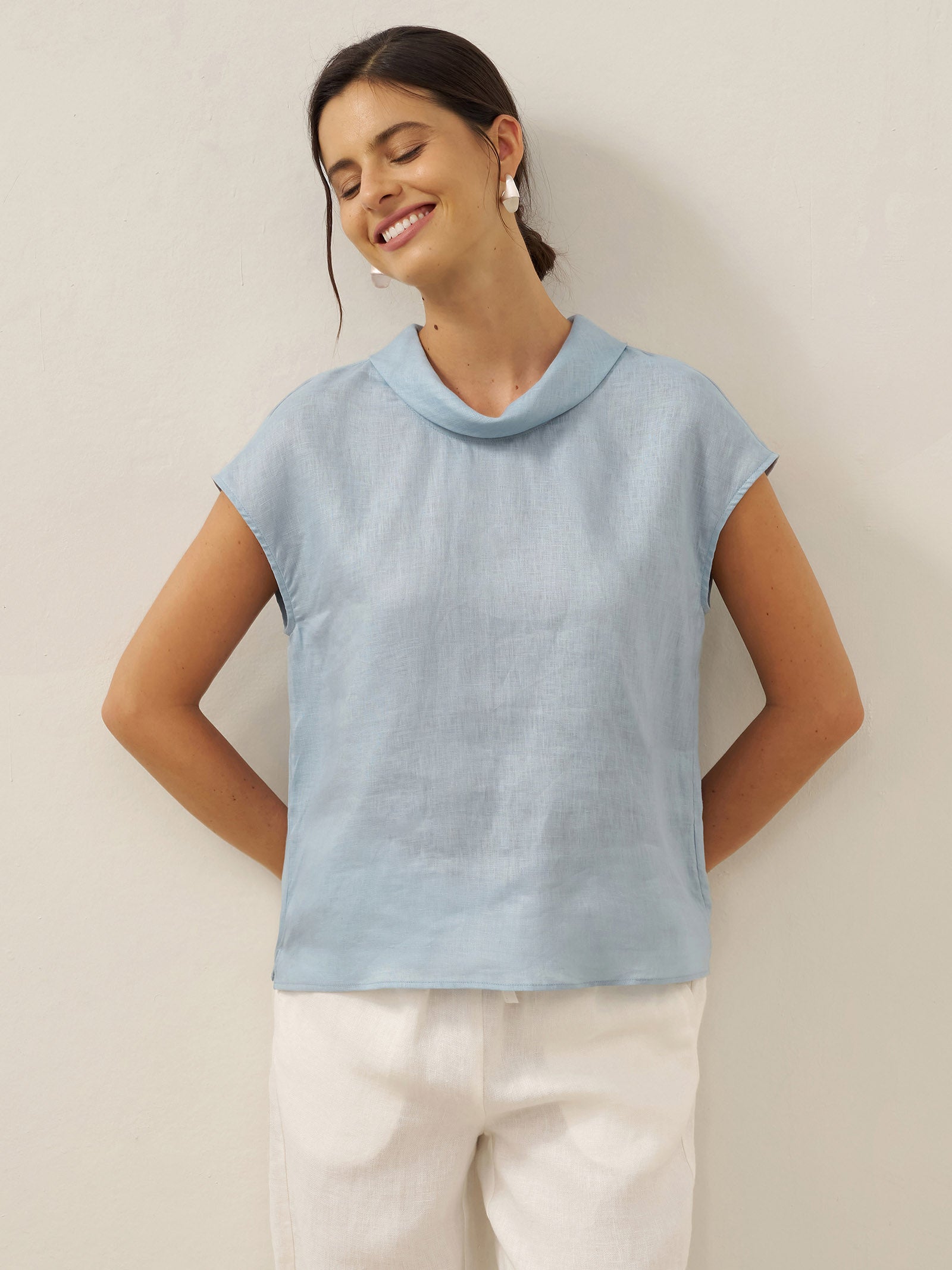 100% Linen Cap Sleeve Soft-Fold Collar Top YVONNE LINTICO