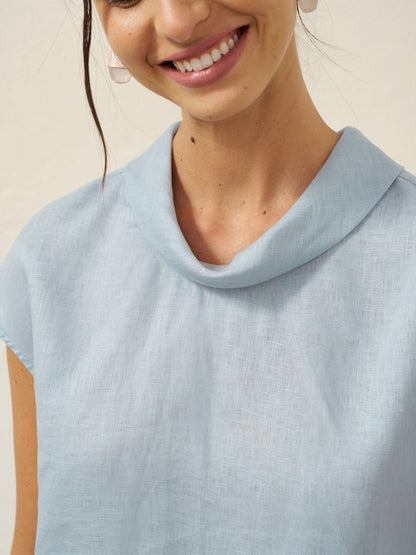 100% Linen Cap Sleeve Soft-Fold Collar Top YVONNE LINTICO