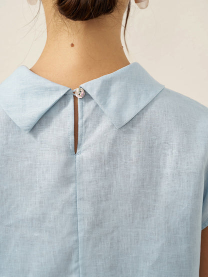 100% Linen Cap Sleeve Soft-Fold Collar Top YVONNE LINTICO