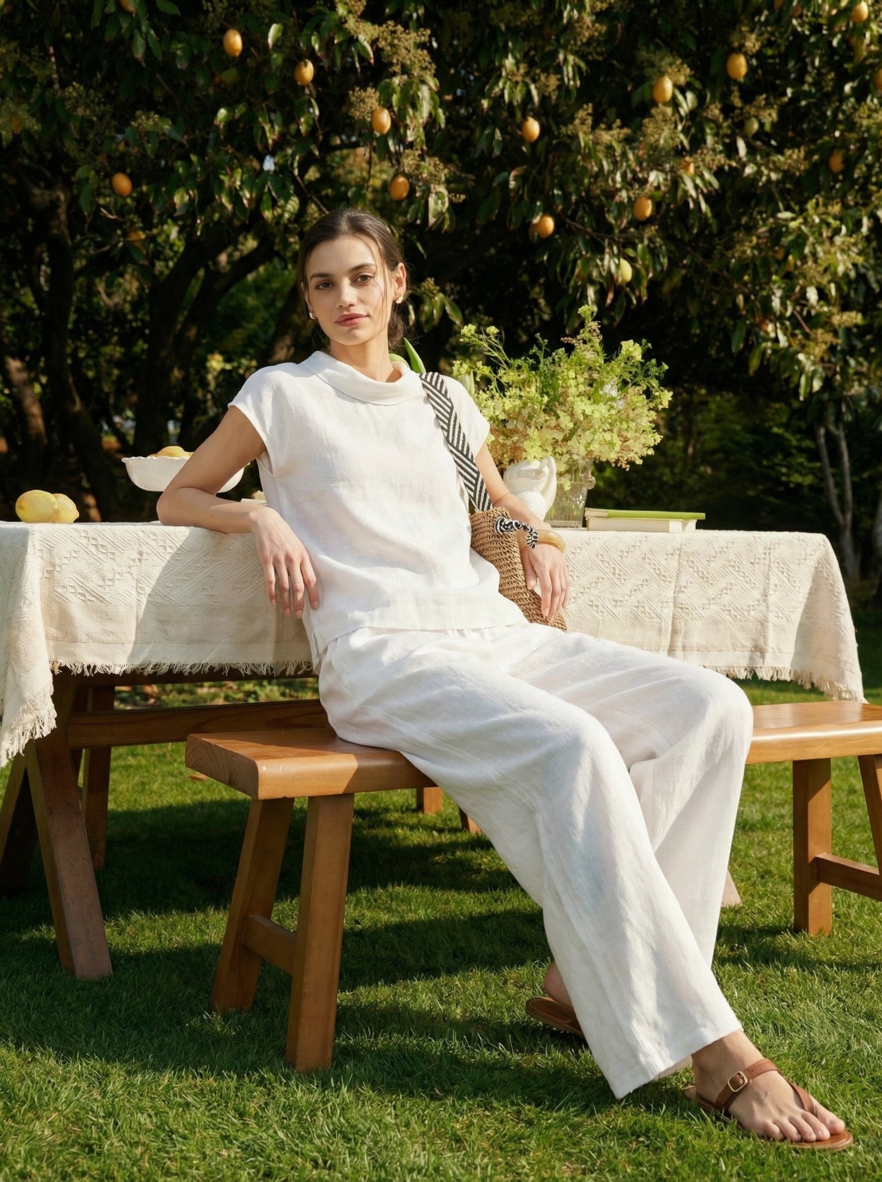 100% Linen Cap Sleeve Soft-Fold Collar Top YVONNE LINTICO