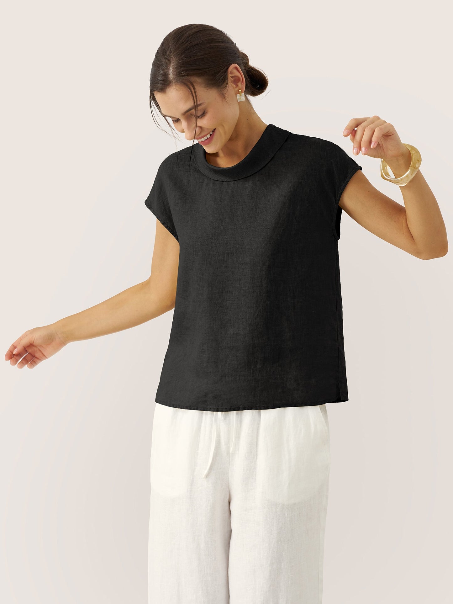 100% Linen Cap Sleeve Soft-Fold Collar Top YVONNE LINTICO
