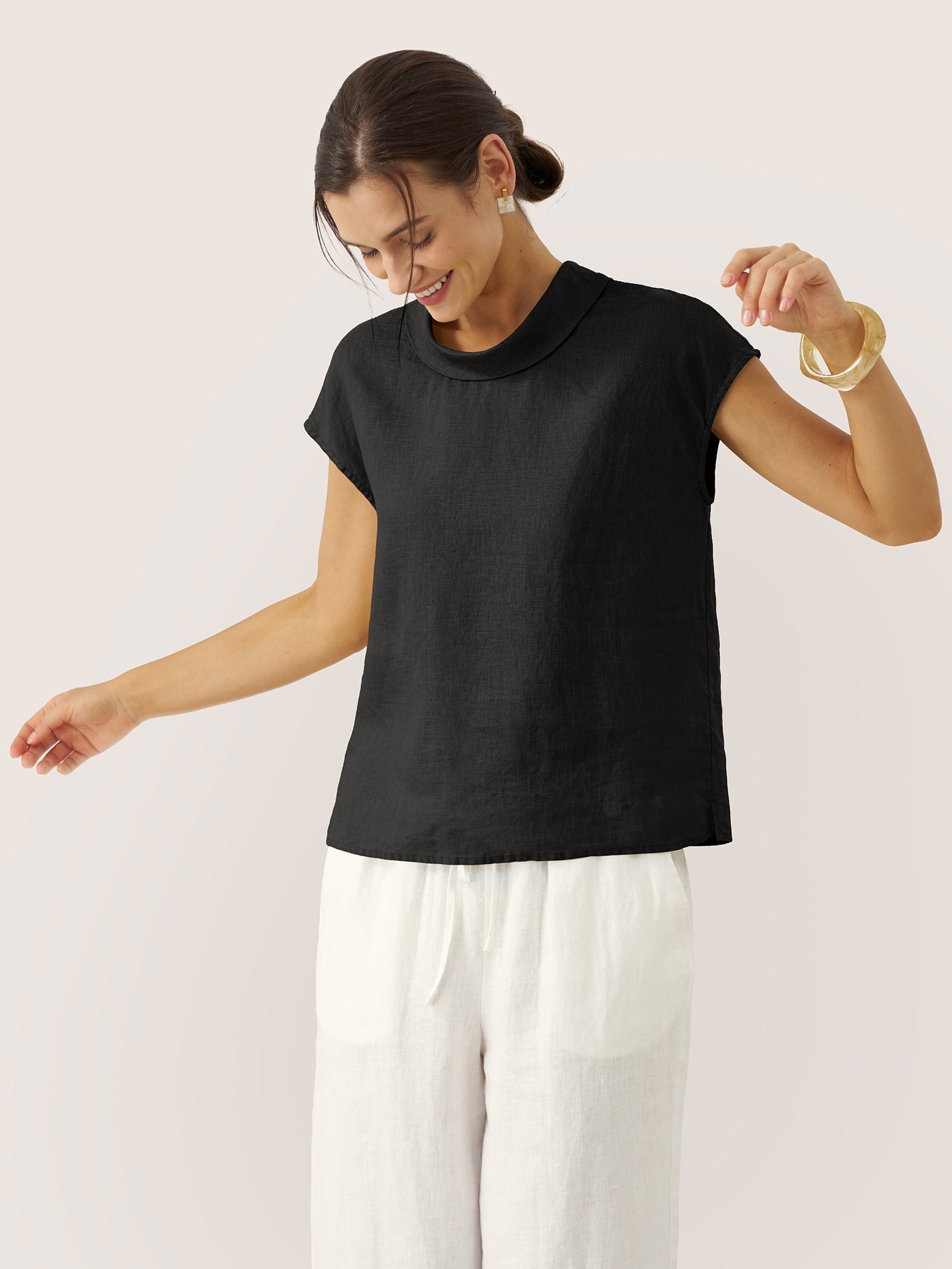 100% Linen Cap Sleeve Soft-Fold Collar Top YVONNE LINTICO