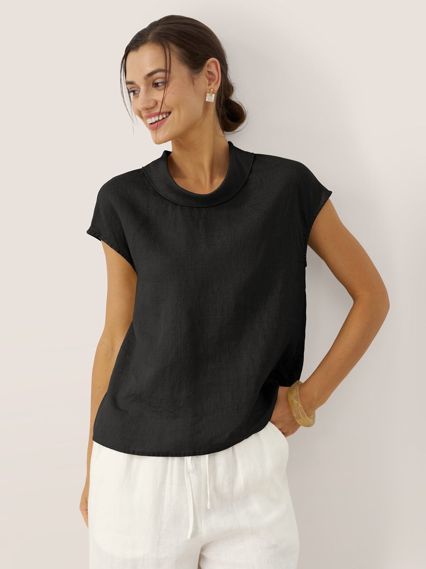 100% Linen Cap Sleeve Soft-Fold Collar Top YVONNE LINTICO