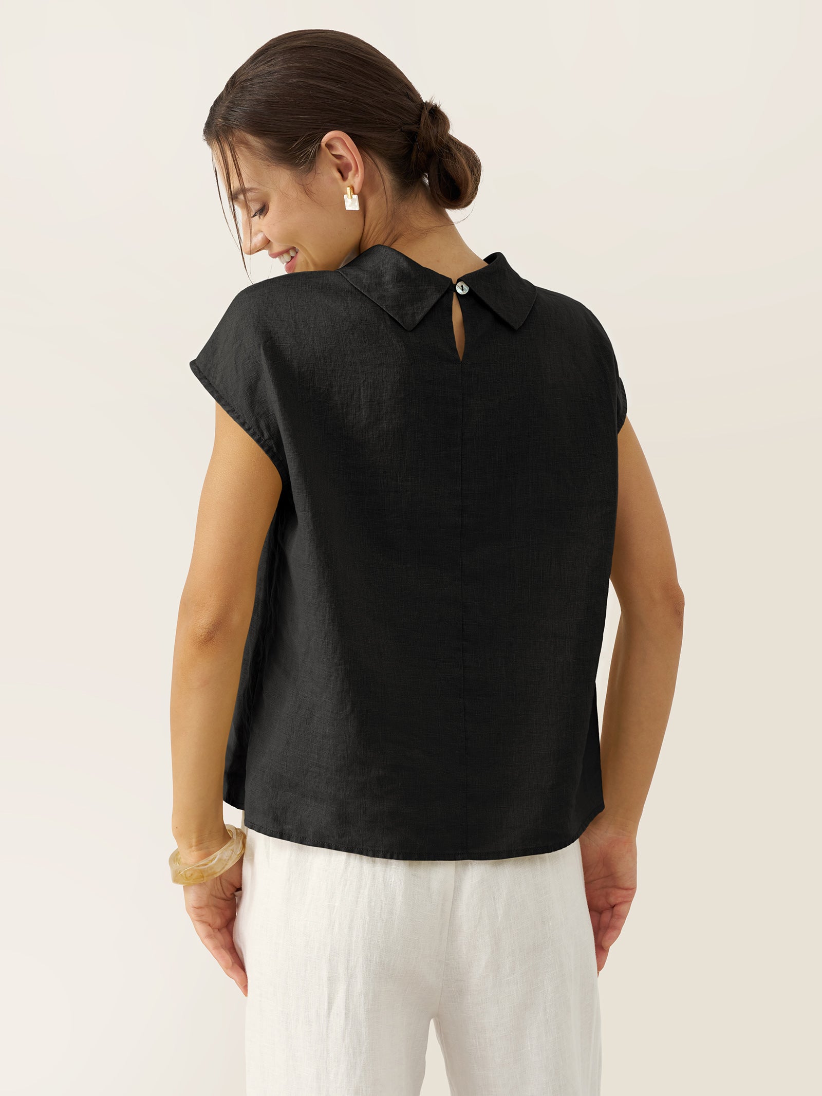 100% Linen Cap Sleeve Soft-Fold Collar Top YVONNE LINTICO