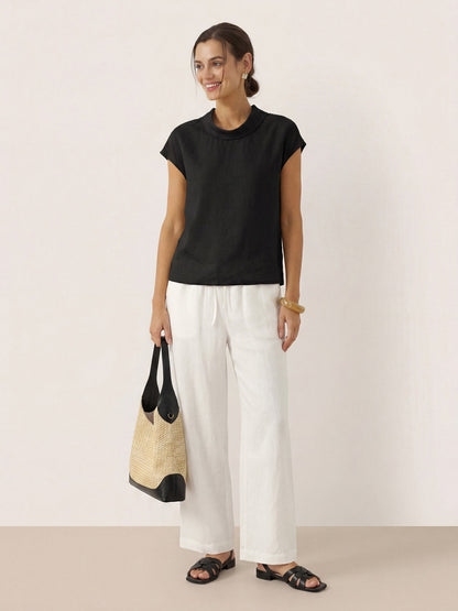 100% Linen Cap Sleeve Soft-Fold Collar Top YVONNE LINTICO