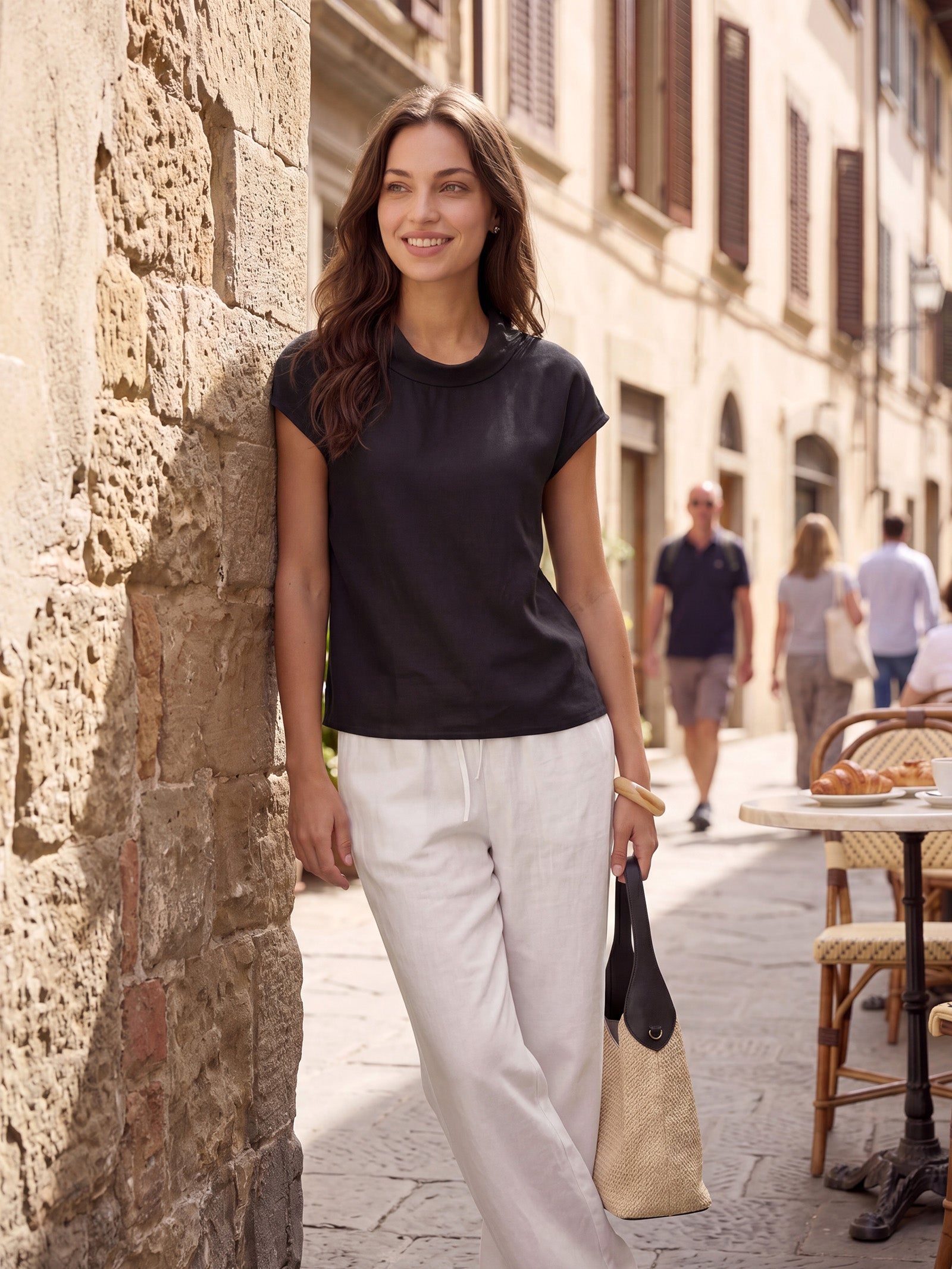100% Linen Cap Sleeve Soft-Fold Collar Top YVONNE LINTICO
