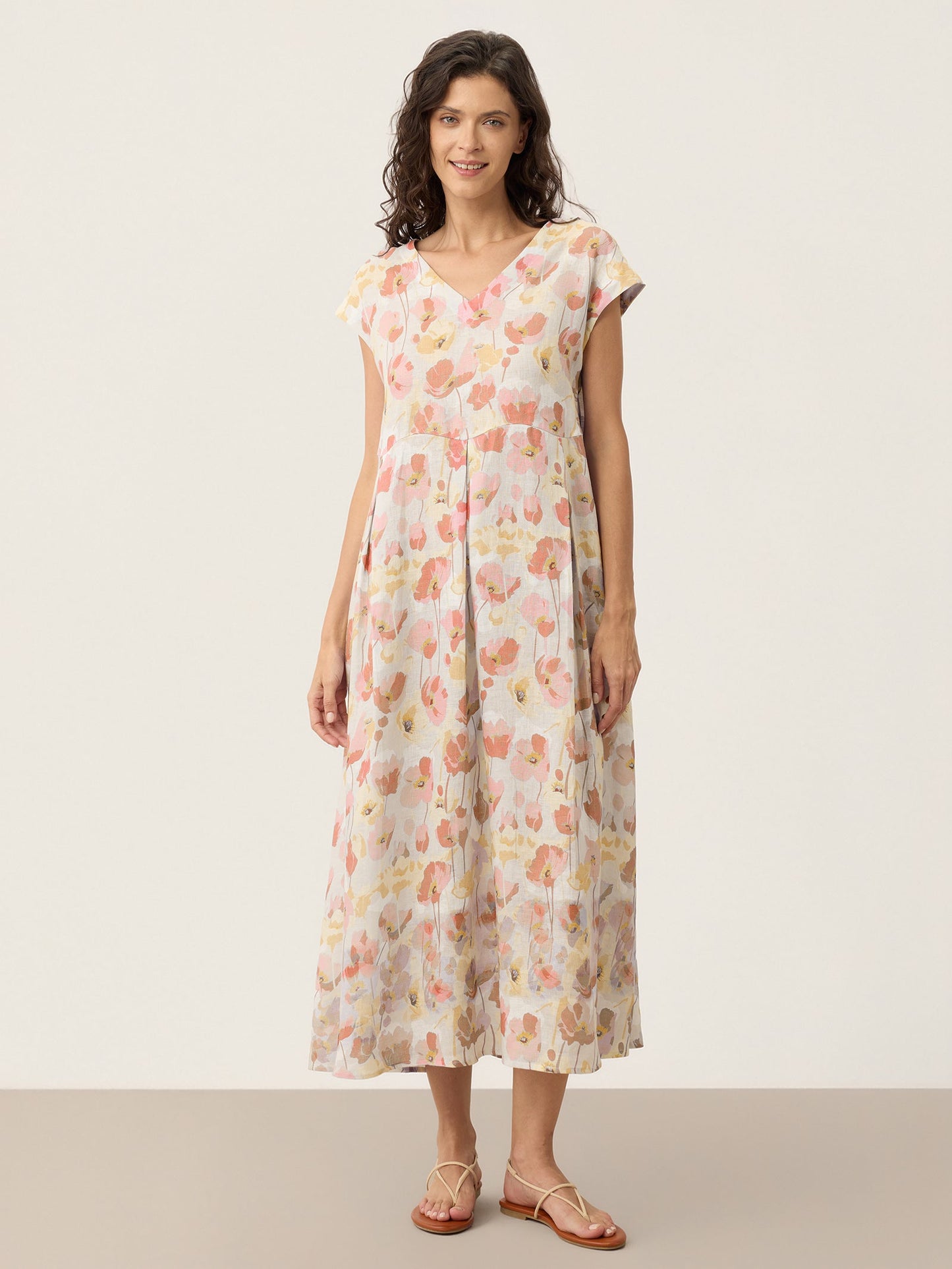 100% Linen Carnation Print Scalloped Waist Maxi Dress HARRIET LINTICO