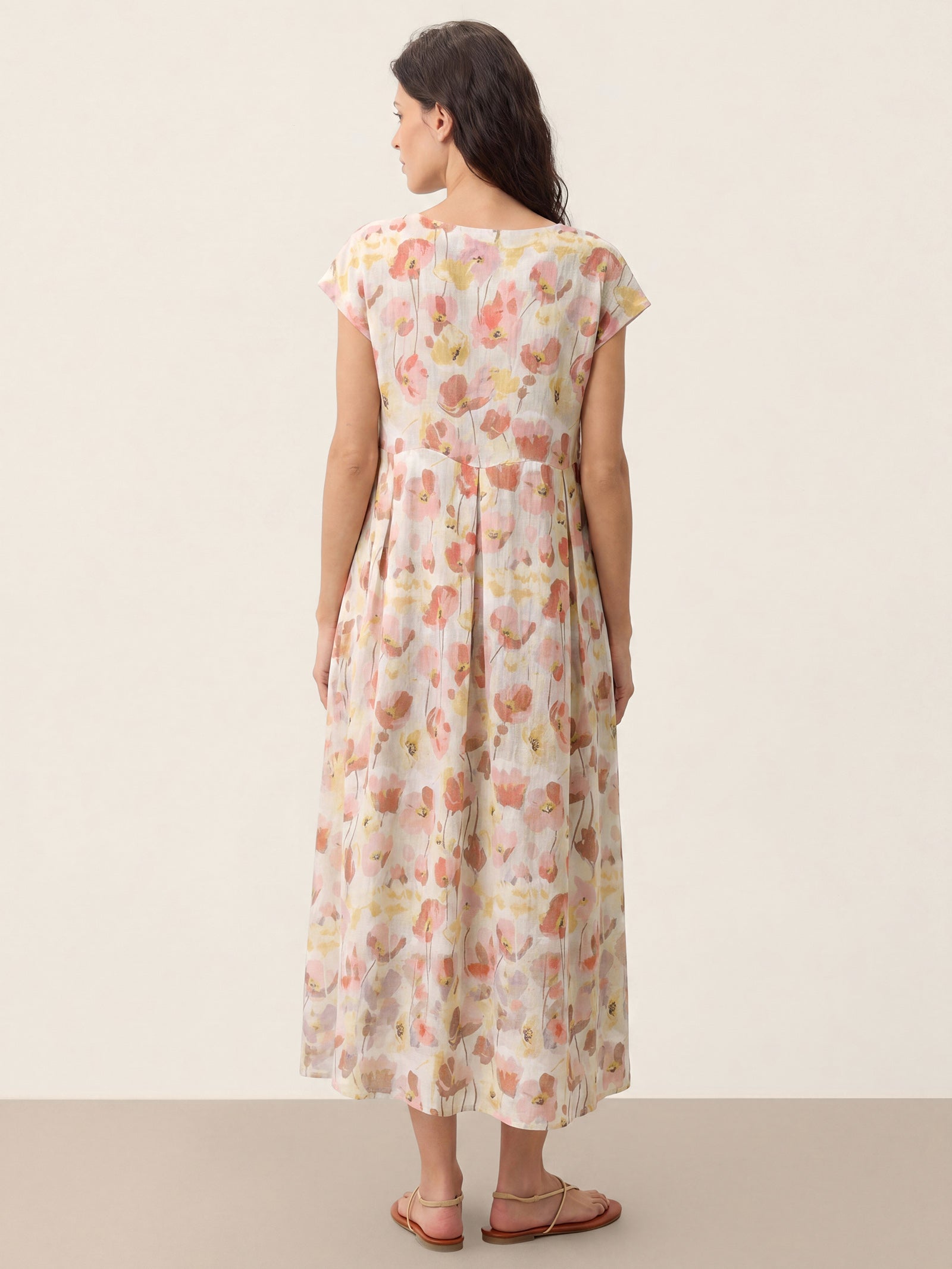 100% Linen Carnation Print Scalloped Waist Maxi Dress HARRIET LINTICO